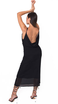 Feminine Charm Black Dress with Chain Details