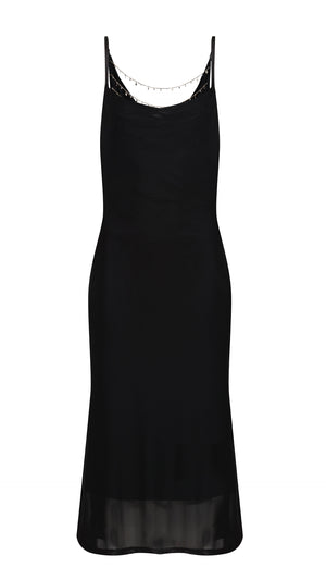 Feminine Charm Black Dress with Chain Details