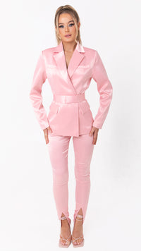 Pastel Pink Satin Belted Blazer