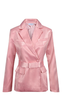 Pastel Pink Satin Belted Blazer