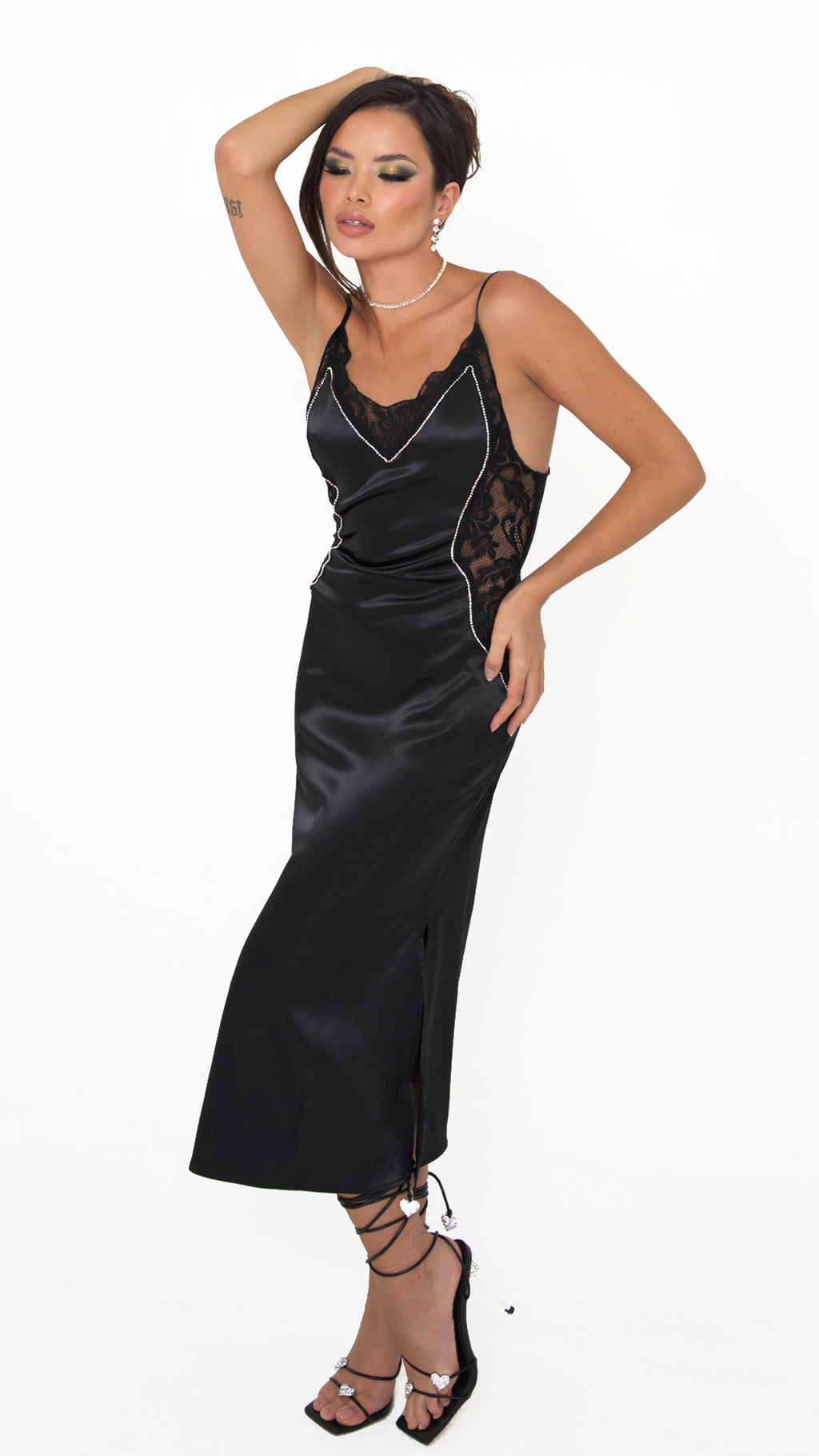 Scarfina Black Satin, Lace and Crystal Dress