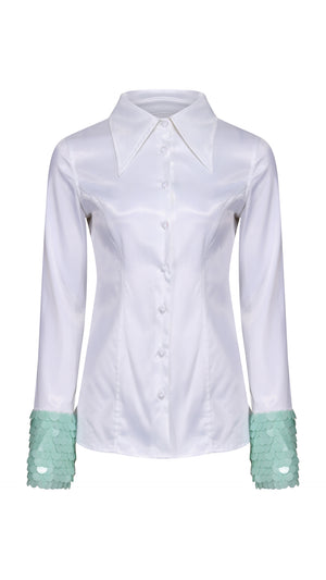 Mint Green Sequin and White Satin Shirt
